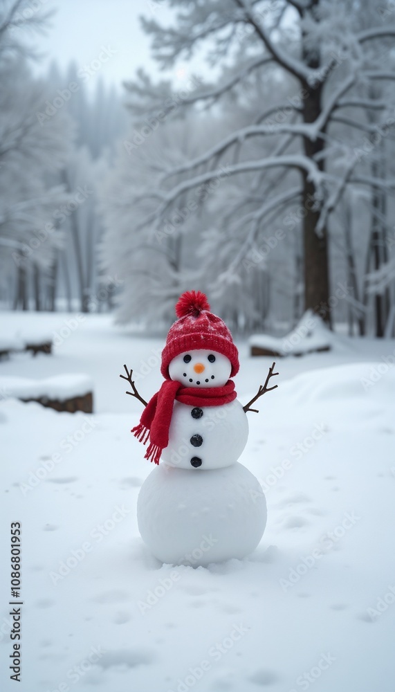 Obraz premium Snowman in red hat and scarf on snowy ground in a park with snow-covered trees in the background