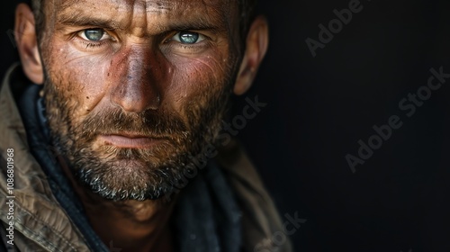 Close-up portrait of a man with a weathered face and piercing blue eyes. photo