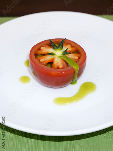 Un tomate maduro entero y cortado por la mitad sobre un soporte blanco y fondo verde photo