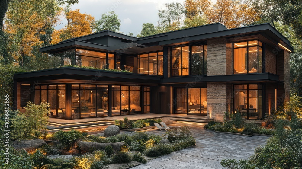 A 3D model of a contemporary family home with modern finishes, detailed landscaping, and large driveway. A 3D model of a contemporary family home with modern finishes, detailed landscaping, and large driveway.