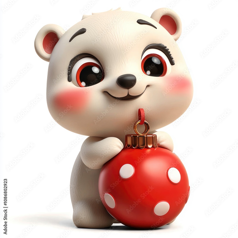 Naklejka premium Adorable 3D Render of a Polar Bear Cub Holding a Christmas Ornament