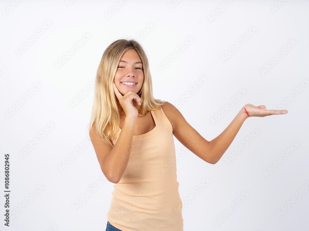 Funny Beautiful teen girl wearing sleeveless t-shirt hold open palm new product great proposition Funny Beautiful teen girl wearing sleeveless t-shirt hold open palm new product great proposition