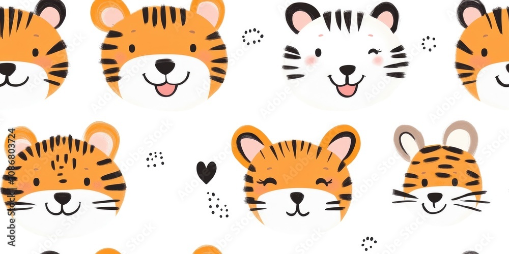 Seamless pattern of cartoon tiger faces on a white background with playful heart and paw print details, creating a fun and childlike wildlife-inspired design..
