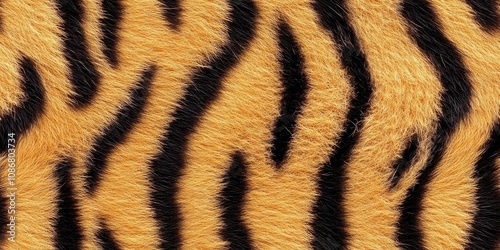 Seamless pattern of Realistic texture of tiger fur with bold black stripes on a vibrant golden-orange background, showcasing natural wildlife patterns and exotic elegance for creative designs... photo