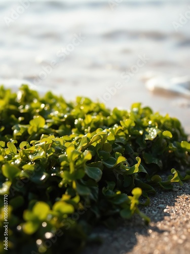 Fresh green seaweed glistening in the soft early morning light on the shore, texture, marine, beach