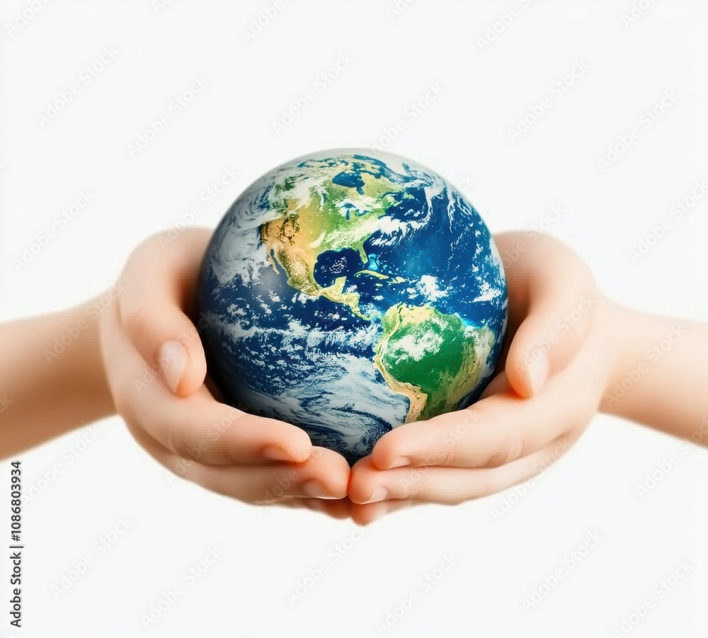 Hands Offering Support to the Earth Symbolizing Care, Responsibility, and Environmental Awareness with Blue Oceans and Green Continents Visible in the Image Hands Offering Support to the Earth Symbolizing Care, Responsibility, and Environmental Awareness with Blue Oceans and Green Continents Visible in the Image