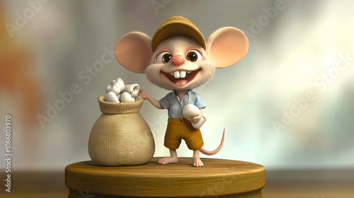 Tooth Fairy Mouse holding a tooth next to a sack full of teeth.