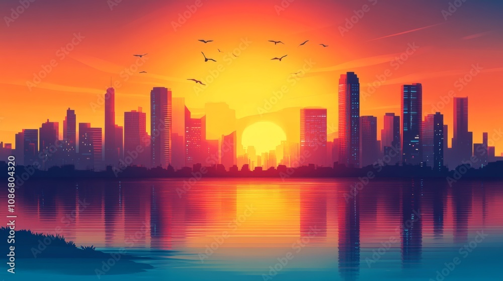 Fototapeta premium Sunset Cityscape Reflection