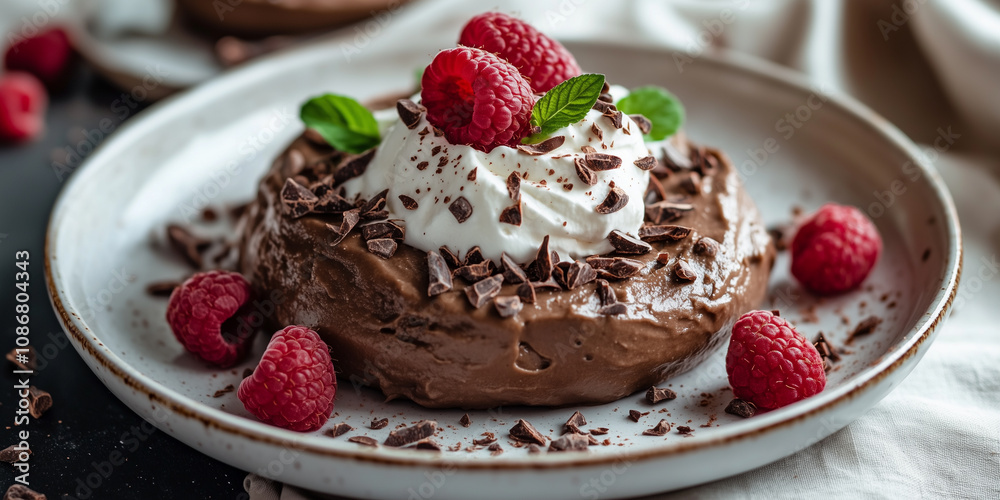 Vegan chocolate mousse topped with fresh raspberries Vegan chocolate mousse topped with fresh raspberries