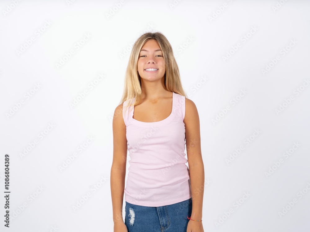 Beautiful teen girl wearing sleeveless t-shirt with a happy and cool smile on face. Lucky person. Beautiful teen girl wearing sleeveless t-shirt with a happy and cool smile on face. Lucky person.