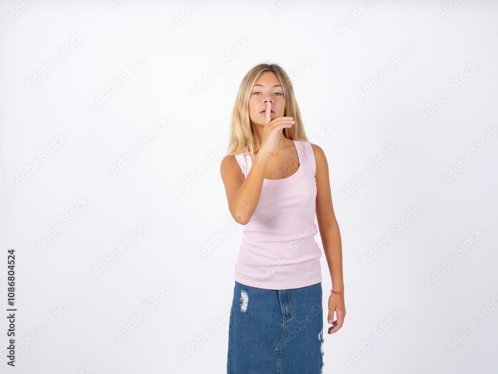 Beautiful teen girl wearing sleeveless t-shirt makes silence gesture, keeps finger over lips. Silence and secret concept. Beautiful teen girl wearing sleeveless t-shirt makes silence gesture, keeps finger over lips. Silence and secret concept.