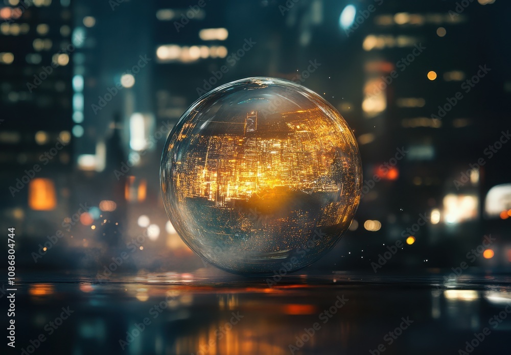 Futuristic Urban Sphere Reflecting City Lights in a Nightscape with Neon Glows and Vibrant Colors, Symbolizing Innovation and Technology in a Metropolis