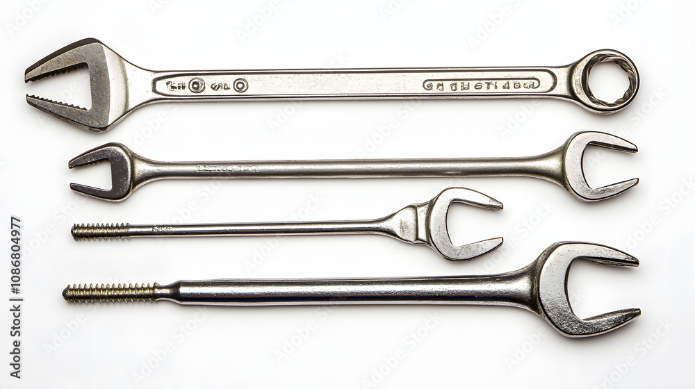 Detailed Top View of Various Tools Including Wrench, Screwdriver, and Allen Keys Lying Flat on a White Background Detailed Top View of Various Tools Including Wrench, Screwdriver, and Allen Keys Lying Flat on a White Background