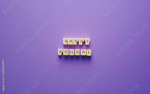 A minimalist photograph of the text HAPPY PONGAL made from wooden cubes