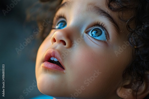 Close up of a young child's face gazing upwards with wide eyes and open mouth, conveying a sense of wonder and amazement