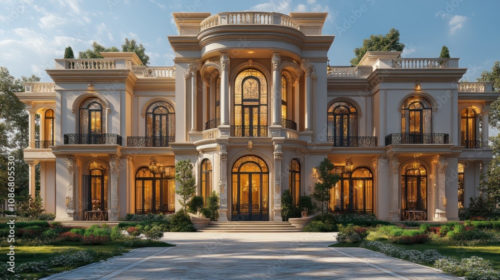 A luxury estate with a grand entrance, large front garden, and intricate architectural details. A luxury estate with a grand entrance, large front garden, and intricate architectural details.
