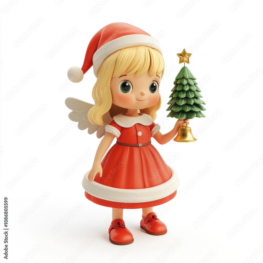 Fototapeta premium Adorable 3D Render of a Christmas Angel Girl Holding a Miniature Christmas Tree