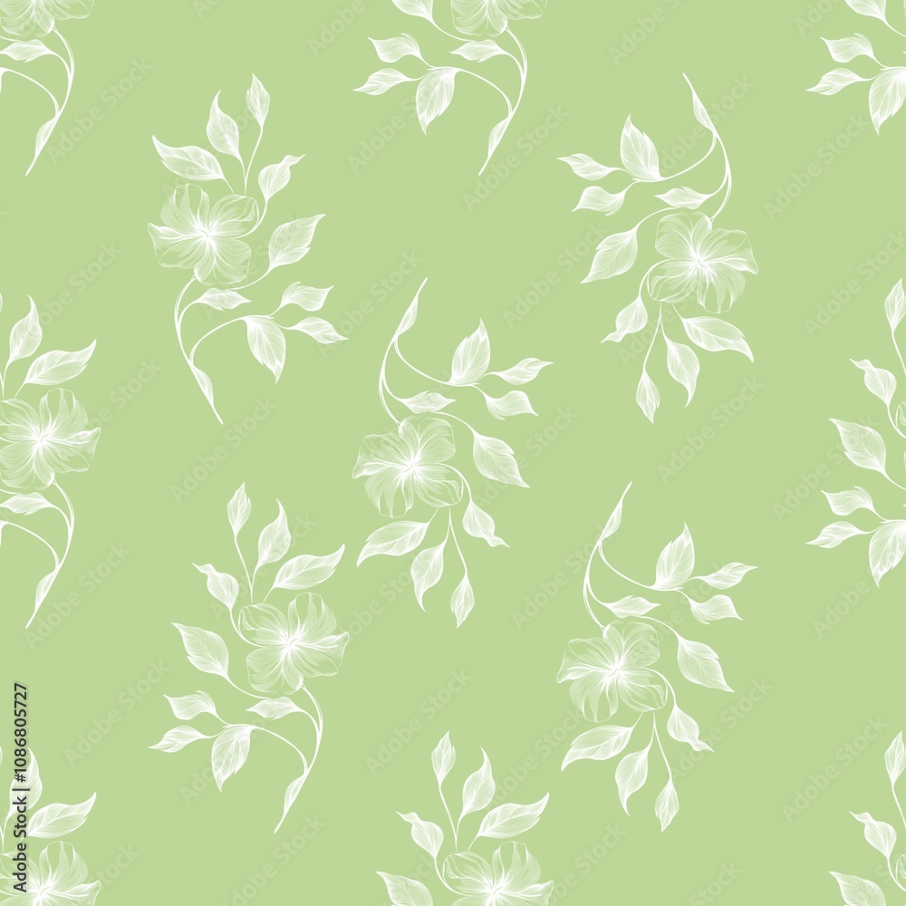 White Big Flowers on Green Background Seamless Pattern Design
