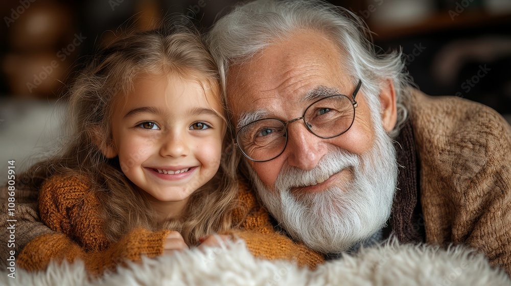 A smiling girl and her grandfather share a tender moment, surrounded by warmth and love in their cozy living room, highlighting family bonds A smiling girl and her grandfather share a tender moment, surrounded by warmth and love in their cozy living room, highlighting family bonds