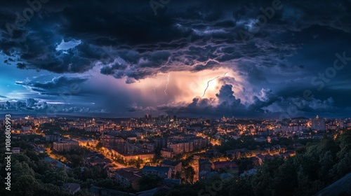 A powerful lightning strike illuminating the night sky over an urban landscape, symbolizing nature's raw power and beauty.