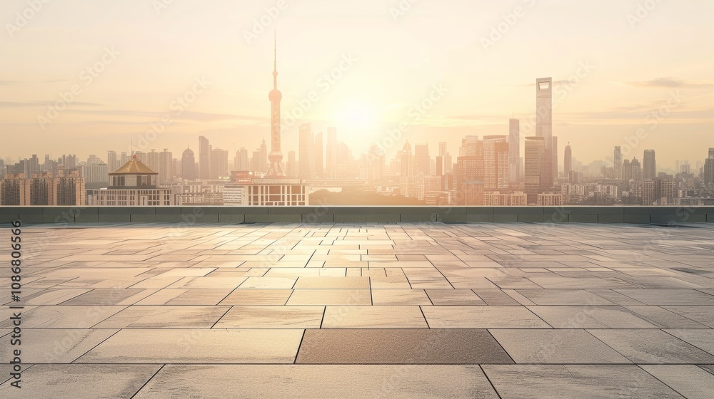 Empty square floor with city skyline background, Digital Innovation District development, morning Empty square floor with city skyline background, Digital Innovation District development, morning