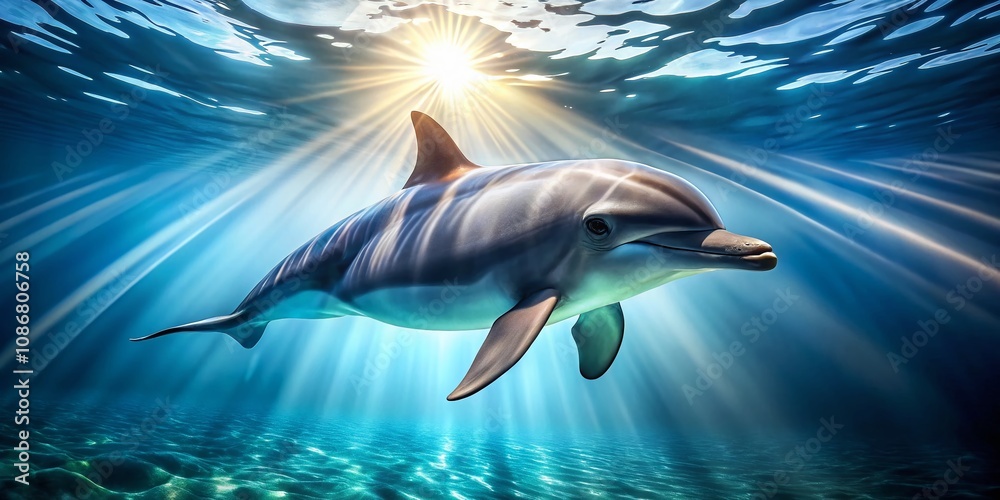 Obraz premium Dolphin Swimming Gracefully in the Deep Blue Sea, Capturing the Beauty of Marine Life and Underwater Serenity with Vibrant Colors and Playful Movement