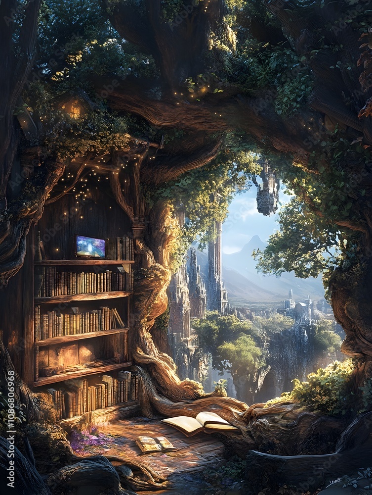 Obraz premium Enchanting Fantasy Book Featuring a Magical Forest Library Pathway