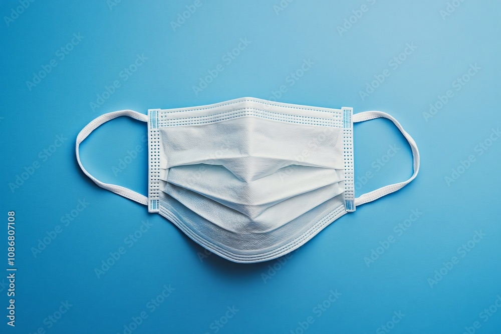 Medical face mask placed on a blue background, representing protection against viruses and bacteria Medical face mask placed on a blue background, representing protection against viruses and bacteria