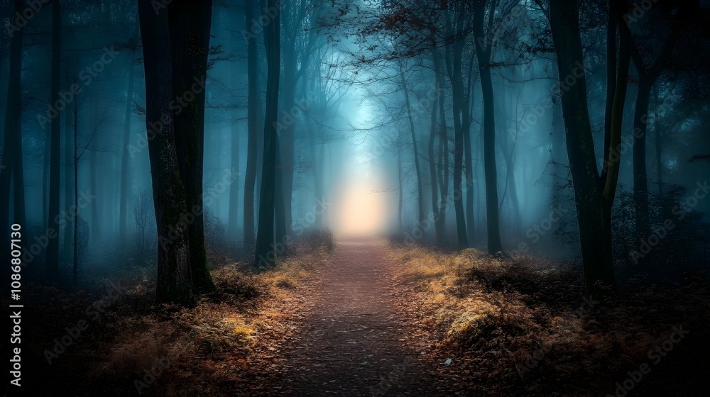 Fototapeta premium Mysterious Misty Forest Pathway with Enchanting Moody Lighting and Atmosphere