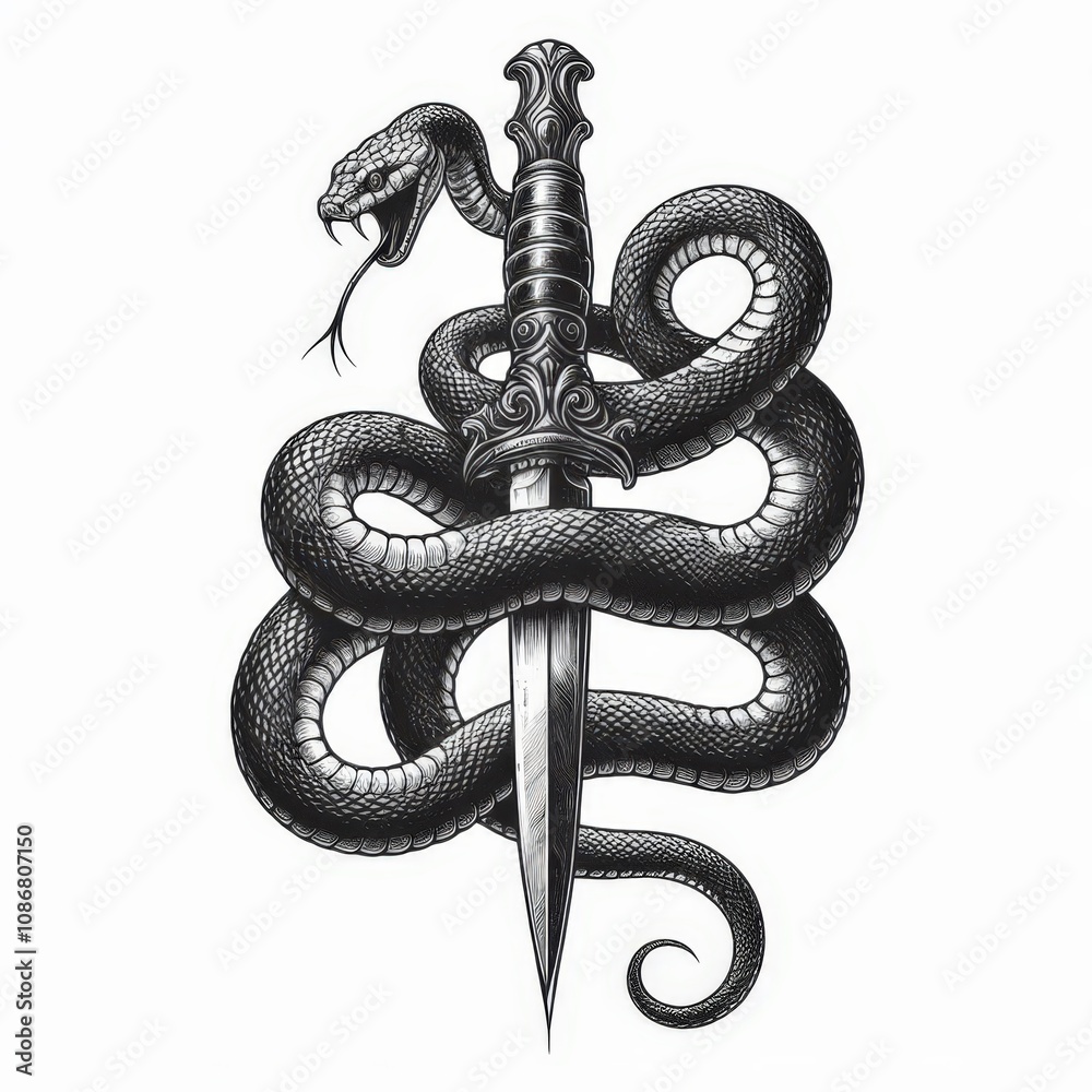 Obraz premium Snake Coiled Around Dagger, hand sketch engraving.