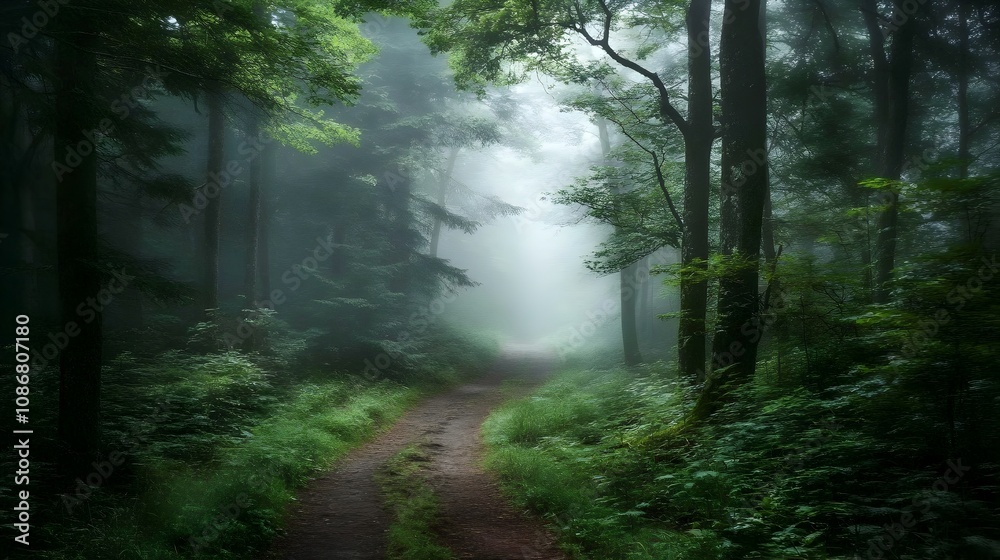 Fototapeta premium Atmospheric Forest Pathway Shrouded in Mysterious Fog and Moody Lighting