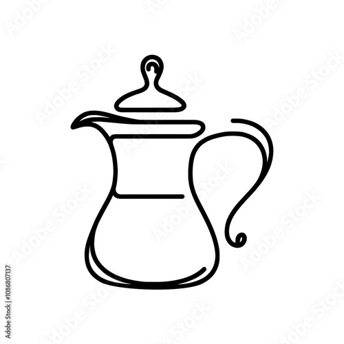 Linear coffee pot icon. Black and white image of a hand-drawn traditional arabic dallah coffee pot. Vector illustration