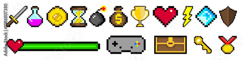 Set of pixel gaming icons. Game in 8-bit style. 
Pixel elements apple, coin, crystal, sword, shield, potion, heart, joystick, chest, key. Items for retro video games. Vector
