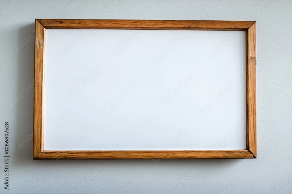 Clean whiteboard with wooden frame provides space for writing, drawing, or displaying information in office, classroom, or home setting Clean whiteboard with wooden frame provides space for writing, drawing, or displaying information in office, classroom, or home setting