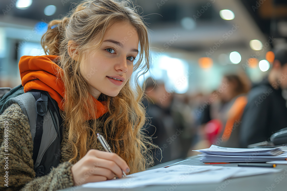 A group of students enrolling at a university registration desk, filling out forms and talking to staff, capturing the vibrant atmosphere of campus life.
