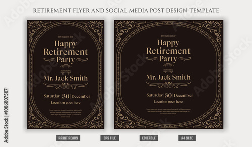 Happy Retirement party banner poster flyer brochure a4  squire social media post design templates vintage celebration nostalgic elder old traditional print ready templates.