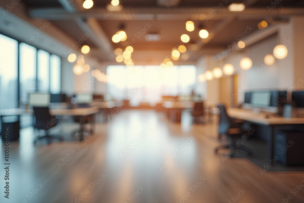 Blurred empty open space office. Abstract light bokeh at office interior background for design Blurred empty open space office. Abstract light bokeh at office interior background for design