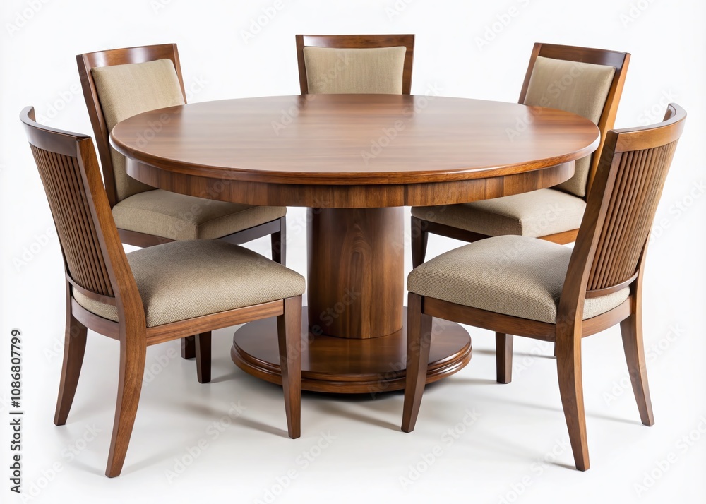 Elegant Wooden Round Dining Table with Chairs on Isolated White Background Perfect for Interior Design and Home Decor Inspiration Elegant Wooden Round Dining Table with Chairs on Isolated White Background Perfect for Interior Design and Home Decor Inspiration