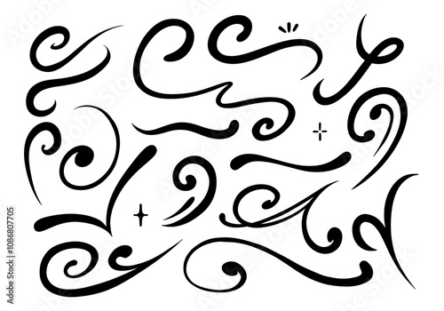 Decorative Swirl Line Elements. A collection of 18 swirl line designs, including spirals, flourishes, and flowing accents, perfect for decoration and creative designs
