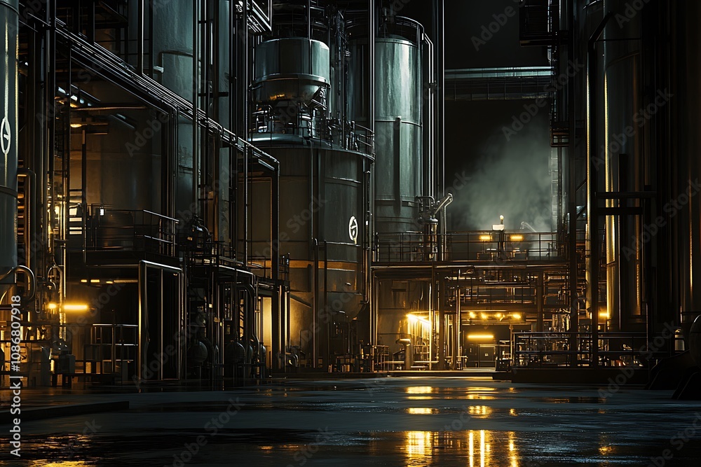 A dimly lit industrial setting with large tanks and machinery, emphasizing production. A dimly lit industrial setting with large tanks and machinery, emphasizing production.