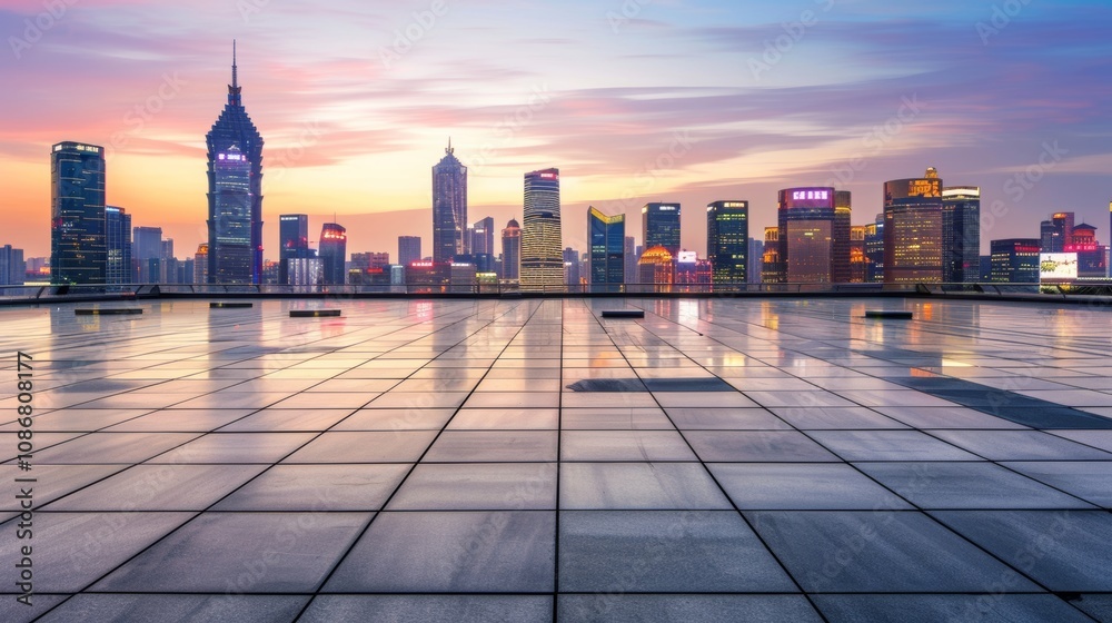 Obraz premium Empty square floor with city skyline background, Urban Art Installation project, dusk