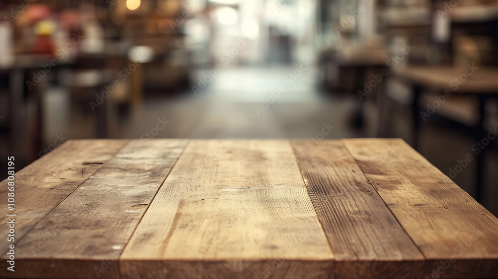 Wooden Tabletop with Blurred Supermarket Aisle in Background Wooden Tabletop with Blurred Supermarket Aisle in Background