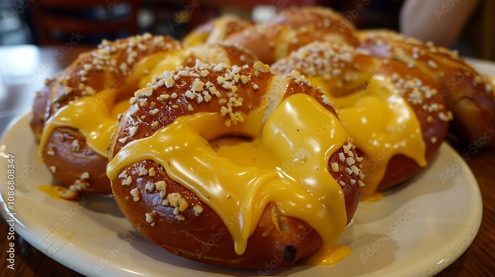 Soft pretzels dipped with cheese and mustard Soft pretzels dipped with cheese and mustard