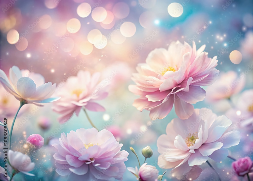 Dreamy Fantasy Floral Background in Pastel Hues with Tilt-Shift Effect Showcasing Delicate Flower Petals for a Whimsical, Ethereal Aesthetic