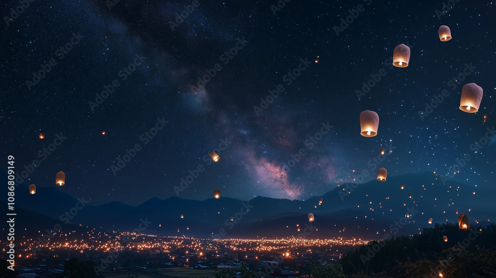 Many lanterns floating in the sky, very beautiful during the Yi Peng festival in Chiang Mai, Thailand. 