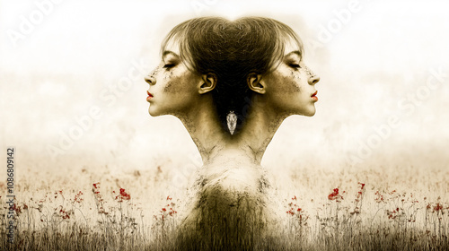 Surreal fantasy woman is suffering from personality disorders . Mental illness concept .
