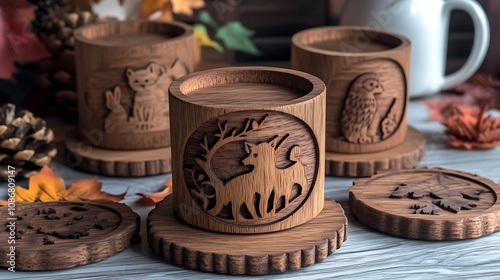 Intricate carved wooden coasters with animal motifs, displayed on a rustic table with autumnal decor.