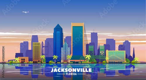 Jacksonville, Florida skyline with a city panorama against the backdrop of the evening sky. Vector illustration.  Business travel and tourism concept with modern buildings. 
