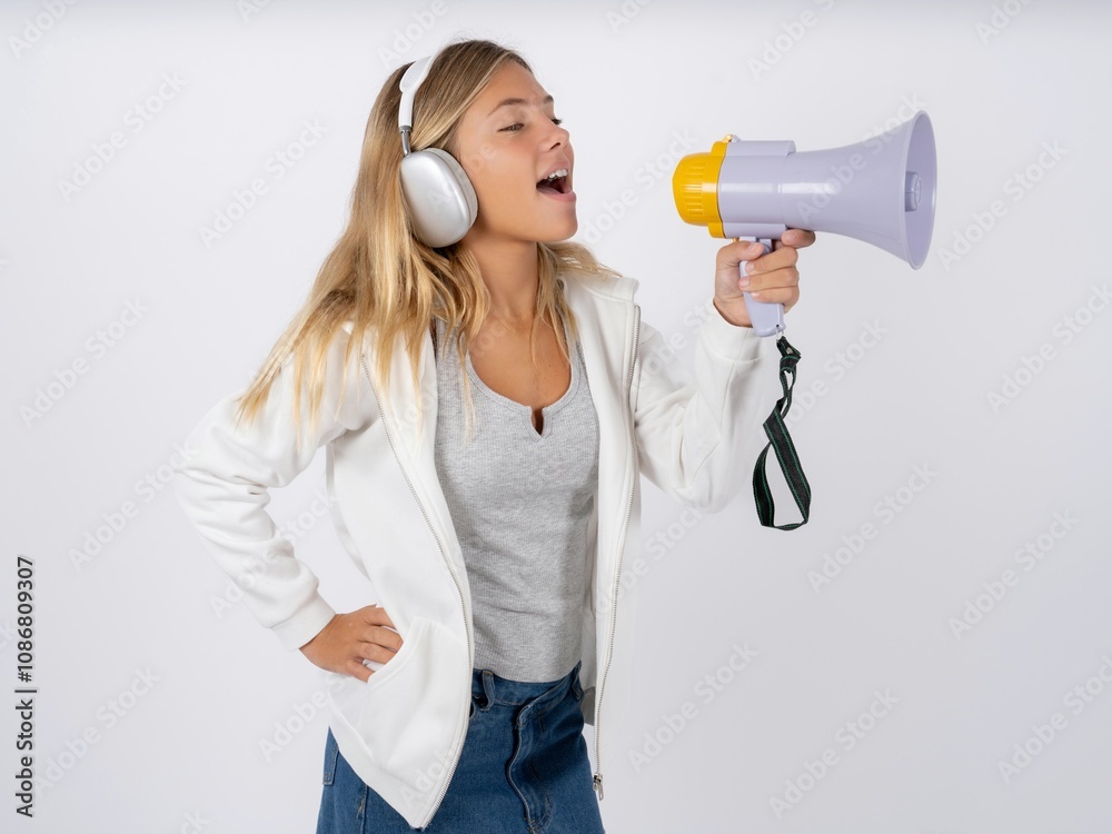 Funny Beautiful teen girl wearing white jacket People sincere emotions lifestyle concept. Mock up copy space. Screaming in megaphone. Funny Beautiful teen girl wearing white jacket People sincere emotions lifestyle concept. Mock up copy space. Screaming in megaphone.