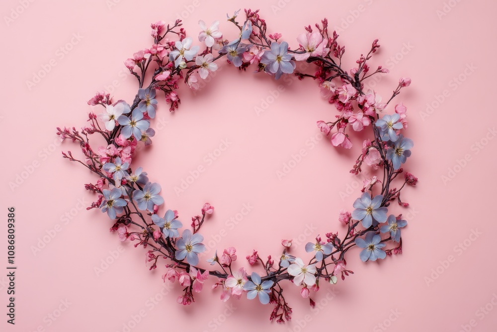 Floral composition. A floral frame on a pastel pink background. Floral composition. A floral frame on a pastel pink background.